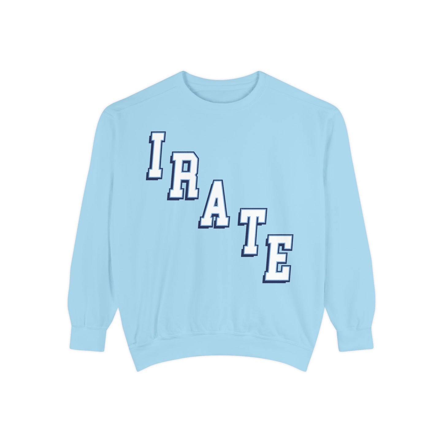Irate Blue Sweatshirt – Retro Lettering Garment-Dyed Crewneck