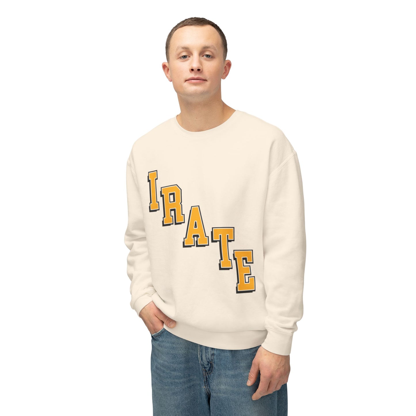 Irate Diagonal Crewneck Sweatshirt — Retro Lettering Casual Pullover