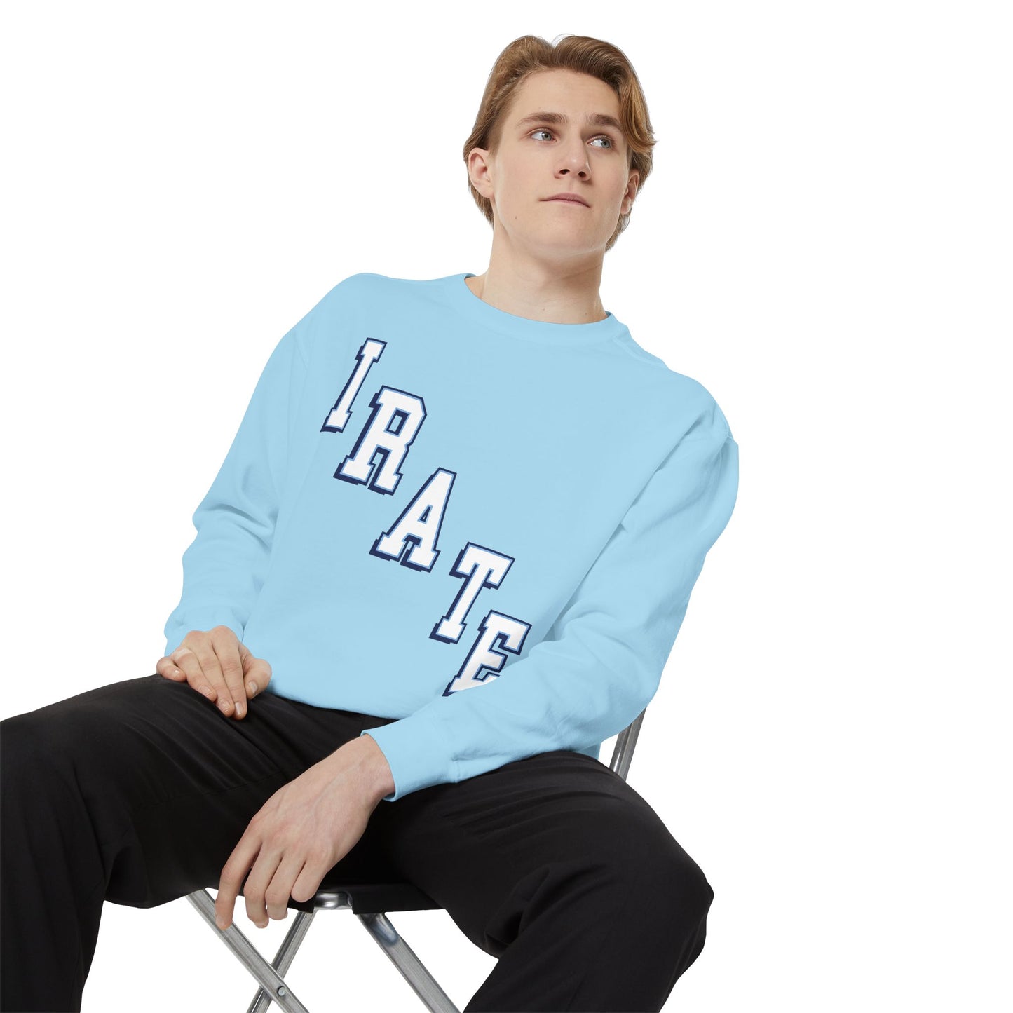 Irate Blue Sweatshirt – Retro Lettering Garment-Dyed Crewneck